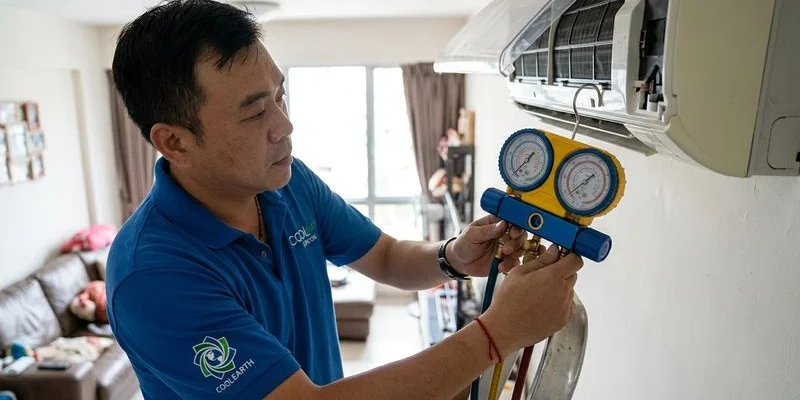 Professional refrigerant gauges connected to aircon outdoor unit showing pressure readings during gas top-up