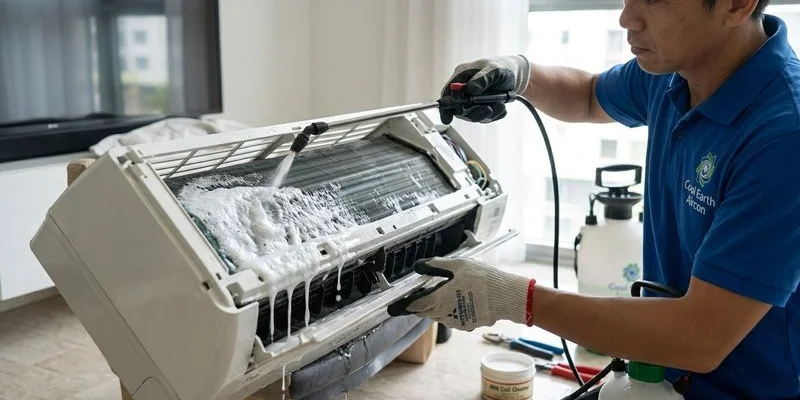 Technician performing chemical wash on Mitsubishi Heavy Industries indoor unit evaporator coil