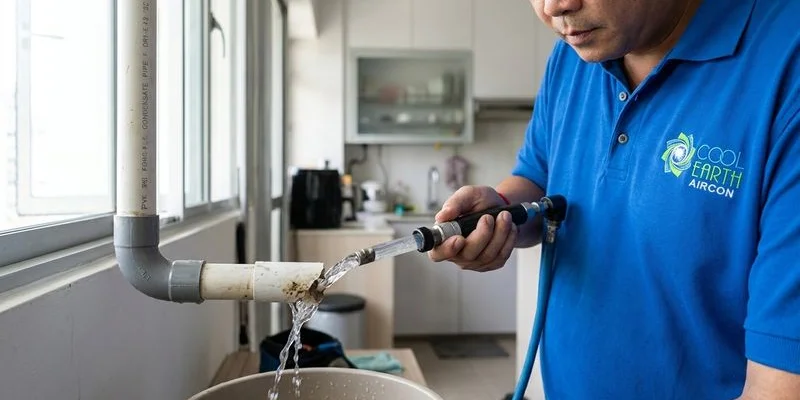 Close-up of aircon condensate drain being flushed and cleaned by technician