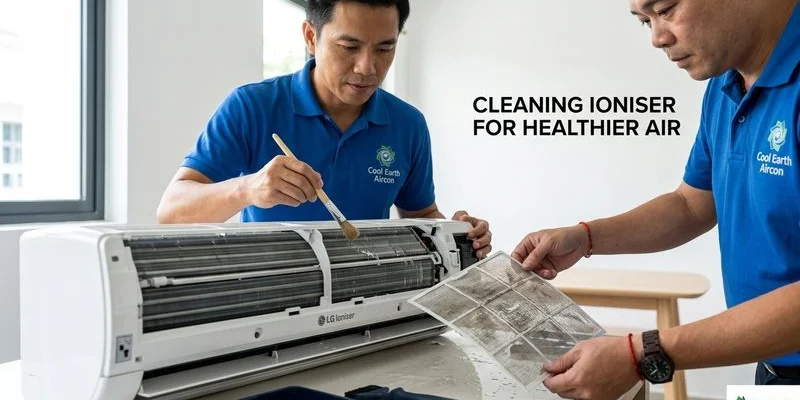 Technician carefully cleaning LG aircon ioniser and filter components during scheduled maintenance