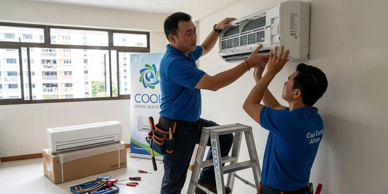 Installation team carefully mounting a new aircon wall unit with proper bracket alignment in a Singapore home