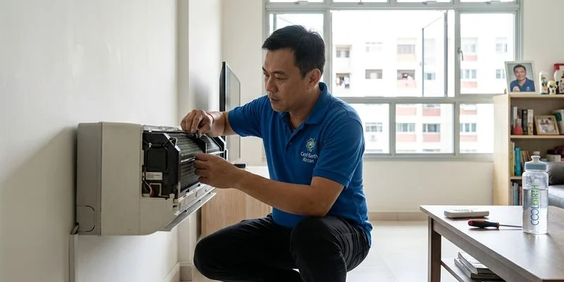 Technician performing thorough aircon servicing in a Singapore HDB flat with specialized cleaning tools