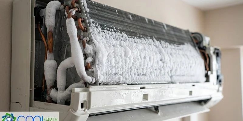 Close-up of frozen evaporator coil with ice buildup that will melt and cause water overflow and leaking