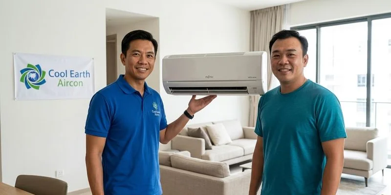 Fujitsu General wall-mounted aircon unit in modern Singapore condominium with clean aesthetic design