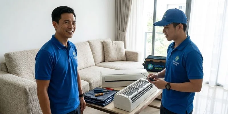 Mitsubishi Electric Starmex wall unit in modern Singapore living room with technician preparing to service