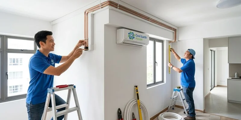 New copper piping and trunking installed neatly along ceiling junction in Singapore home renovation
