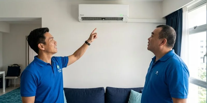 Panasonic aircon unit with nanoe technology indicator light in modern Singapore HDB living room