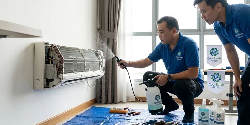 Chemical cleaning solution being applied to heavily soiled aircon evaporator coils by professional technician