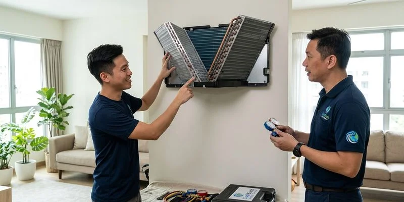 Inside view of Samsung Triangle design evaporator coil showing wider V-shaped cooling surface