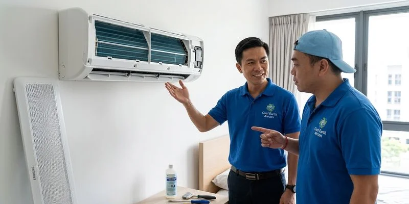 Samsung Wind-Free aircon unit mounted on wall showing sleek design in modern Singapore bedroom
