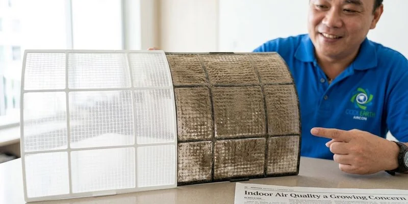 Comparison of clean versus dirty clogged aircon filter showing how dust buildup restricts airflow