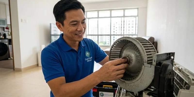 Technician carefully inspecting Fujitsu aircon blower wheel bearing for smooth quiet rotation