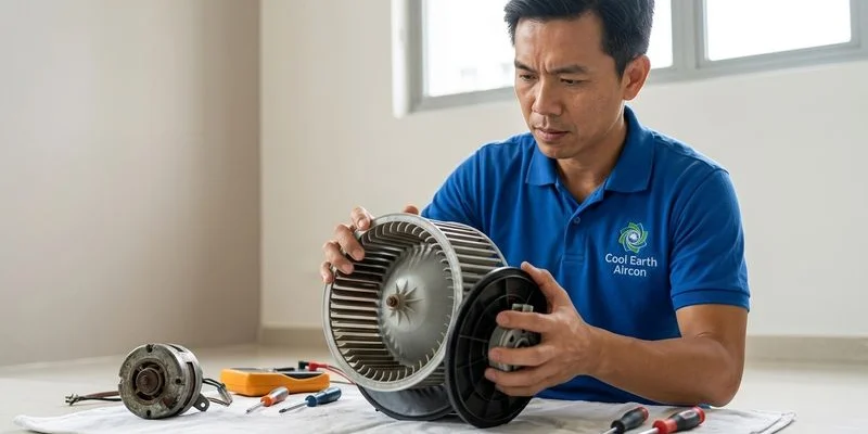 Technician inspecting indoor aircon blower wheel and fan motor for bearing wear causing grinding noise