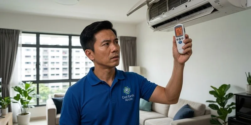 Technician measuring aircon supply air temperature with digital thermometer showing warm reading