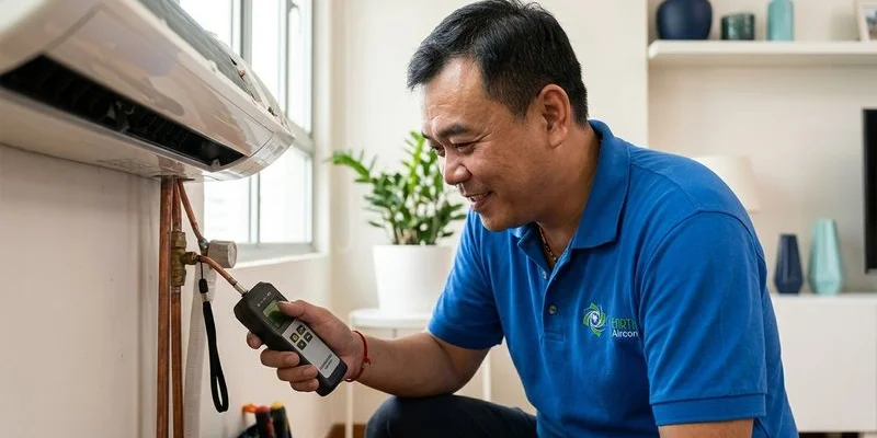Technician using electronic leak detector to check aircon piping joints for refrigerant leaks