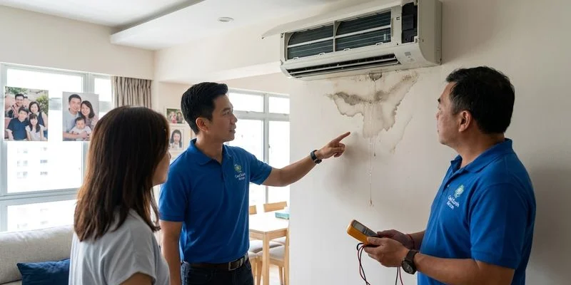 Water stain and damage on wall beneath leaking aircon indoor unit in Singapore HDB flat