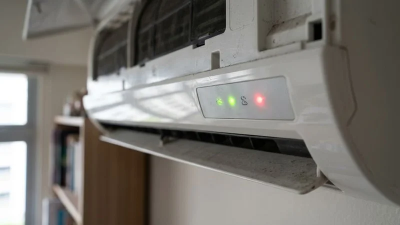 Aircon indoor unit showing blinking green and red indicator lights on the display panel