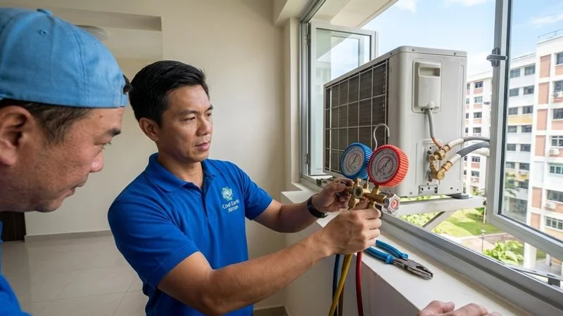 Aircon technician checking refrigerant gas pressure with a manifold gauge set on an outdoor condenser unit