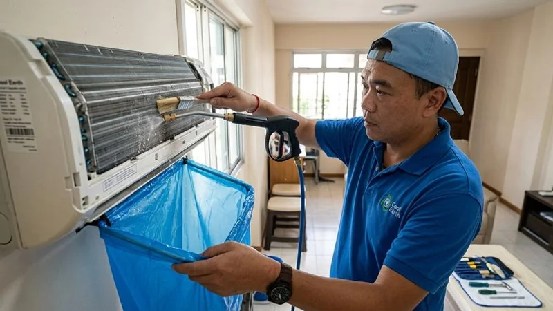 Aircon technician performing routine maintenance on a wall-mounted unit in a Singapore HDB living room