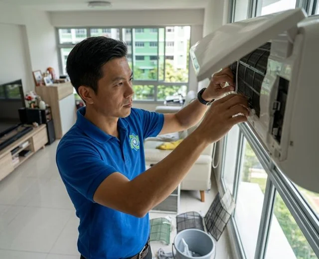 Aircon technician servicing a unit in Bedok Singapore