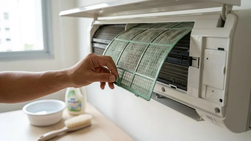 Homeowner removing an aircon filter from a wall-mounted split unit for cleaning in a Singapore home