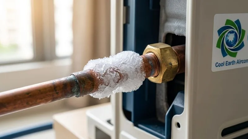 Ice forming on an aircon copper pipe connecting the indoor unit, indicating low refrigerant gas level