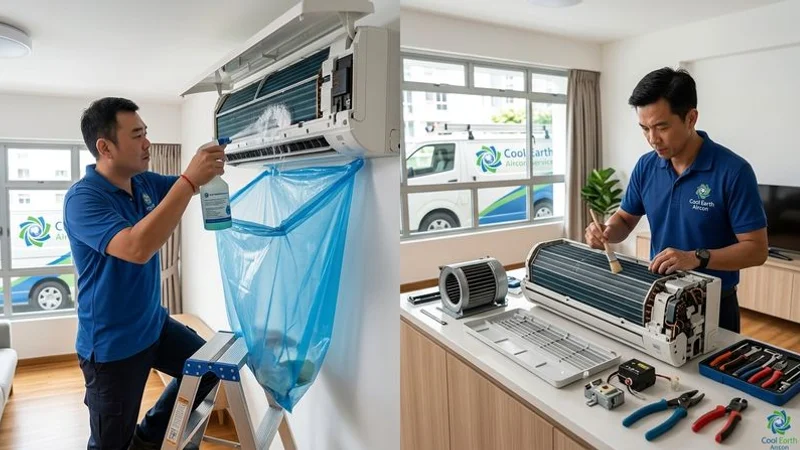 Side by side comparison of aircon chemical wash and chemical overhaul procedures performed by a technician