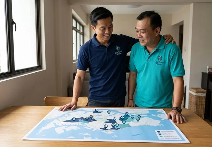 Map of Singapore showing Cool Earth Aircon service coverage across 13 areas