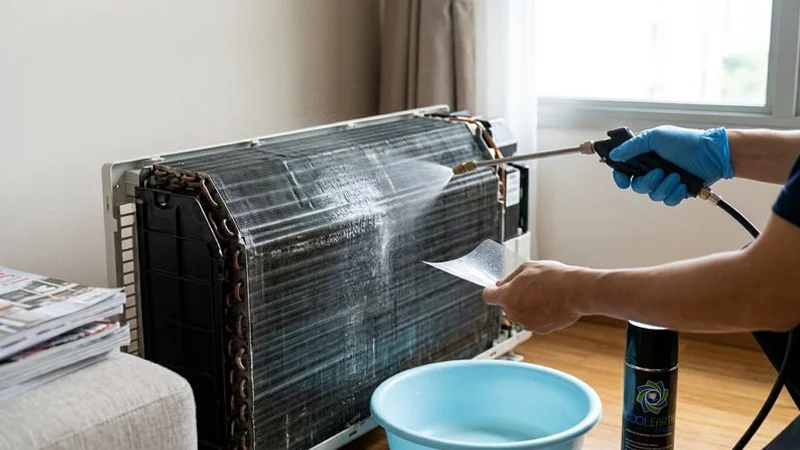 Technician spraying chemical cleaning solution onto aircon evaporator coils during a professional chemical wash